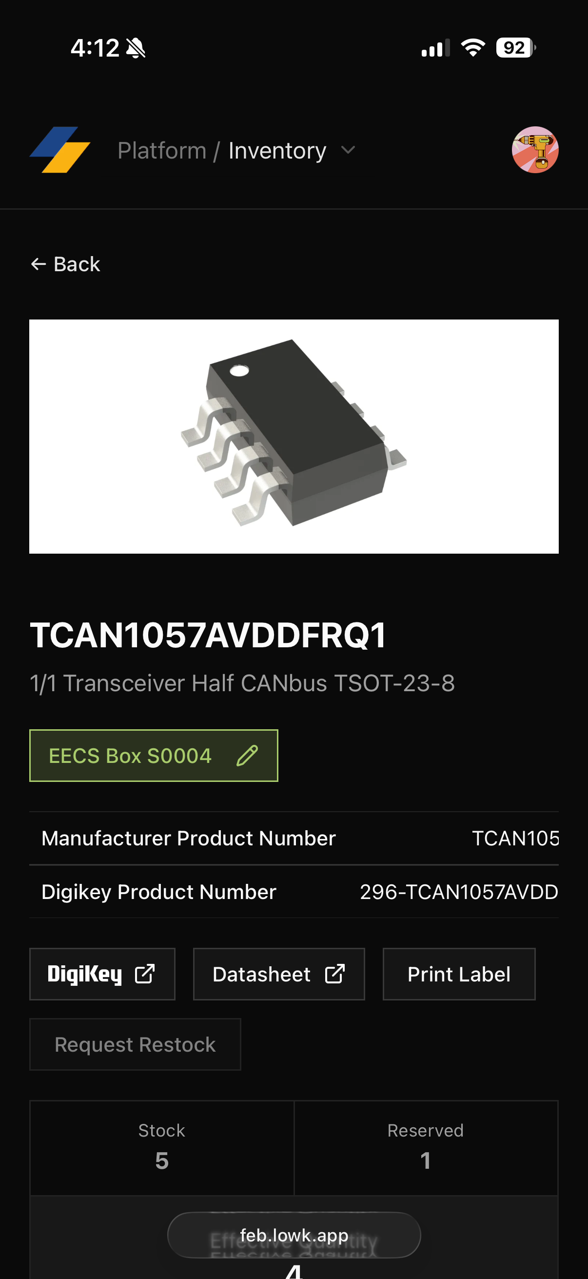 inventory reserve screen (mobile)